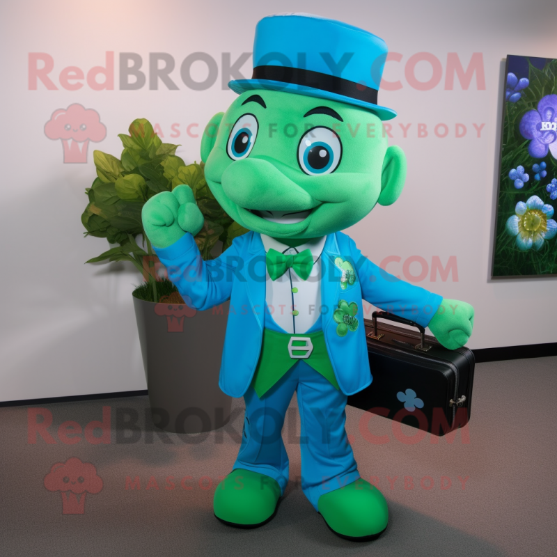 Cyan Bunch Of Shamrocks mascot costume character dressed with a Button-Up Shirt and Briefcases Cyan Bunch Of Shamrocks mascot costume character dressed with a Button-Up Shirt and Briefcases