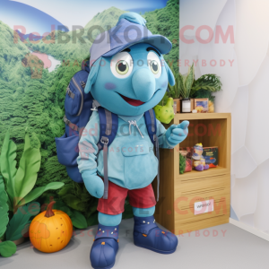 Cyan Shakshuka mascot costume character dressed with a Dungarees and Backpacks