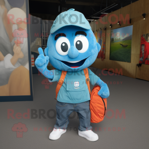 Cyan Shakshuka mascot costume character dressed with a Dungarees and Backpacks