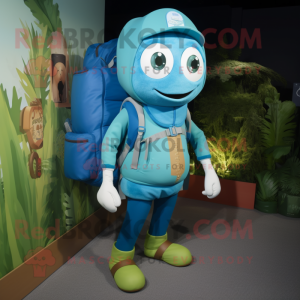 Cyan Shakshuka mascot costume character dressed with a Dungarees and Backpacks