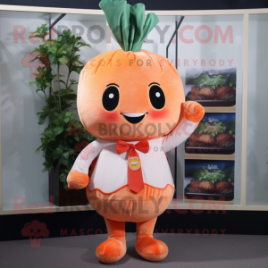 Peach Carrot mascot costume character dressed with a Skirt and Keychains