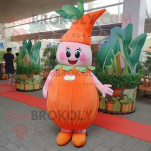 Peach Carrot mascot costume character dressed with a Skirt and Keychains