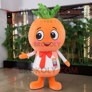 Peach Carrot mascot costume character dressed with a Skirt and Keychains