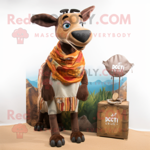 Rust Okapi mascot costume character dressed with a Cargo Shorts and Shawls