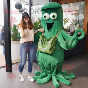 Forest Green Fried Calamari mascot costume character dressed with a Mom Jeans and Tote bags