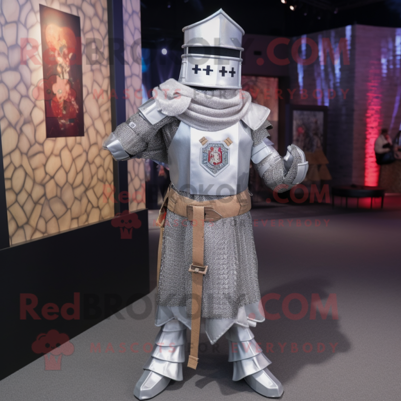 Silver Medieval Knight mascot costume character dressed with a Flannel Shirt and Shawl pins