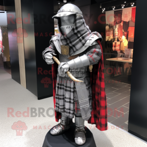 Silver Medieval Knight mascot costume character dressed with a Flannel Shirt and Shawl pins