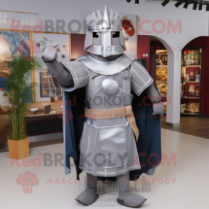 Silver Medieval Knight mascot costume character dressed with a Flannel Shirt and Shawl pins