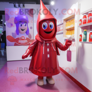 Lavender Bottle Of Ketchup mascot costume character dressed with a Raincoat and Backpacks