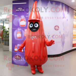 Lavender Bottle Of Ketchup mascot costume character dressed with a Raincoat and Backpacks