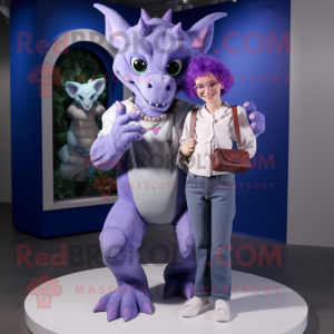 Lavender Gargoyle mascot costume character dressed with a Mom Jeans and Wallets
