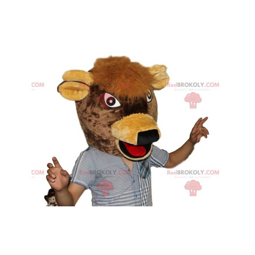 Mascotte testa di mucca marrone molto felice - Redbrokoly.com