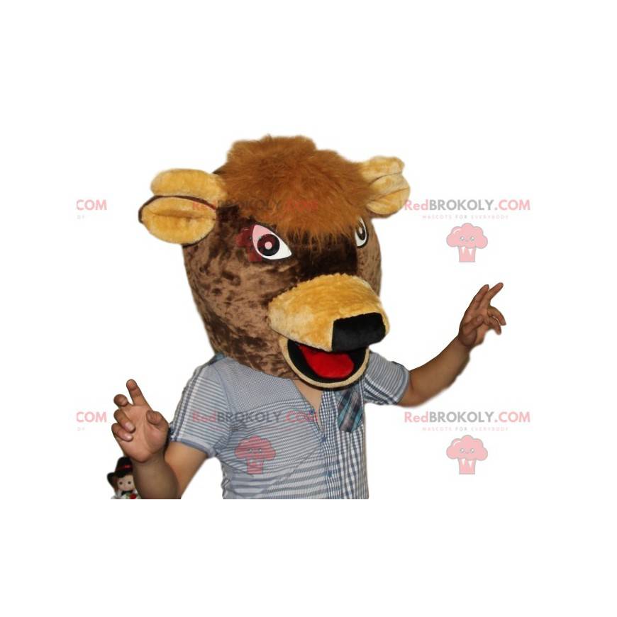 Very happy brown cow head mascot - Redbrokoly.com
