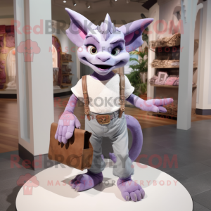 Lavender Gargoyle mascot costume character dressed with a Mom Jeans and Wallets