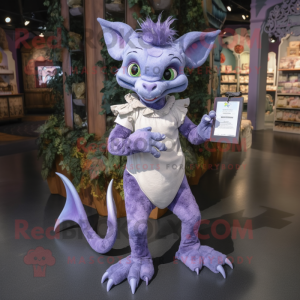 Lavender Gargoyle mascot costume character dressed with a Mom Jeans and Wallets