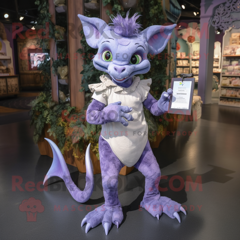 Lavender Gargoyle mascot costume character dressed with a Mom Jeans and Wallets Lavender Gargoyle mascot costume character dressed with a Mom Jeans and Wallets