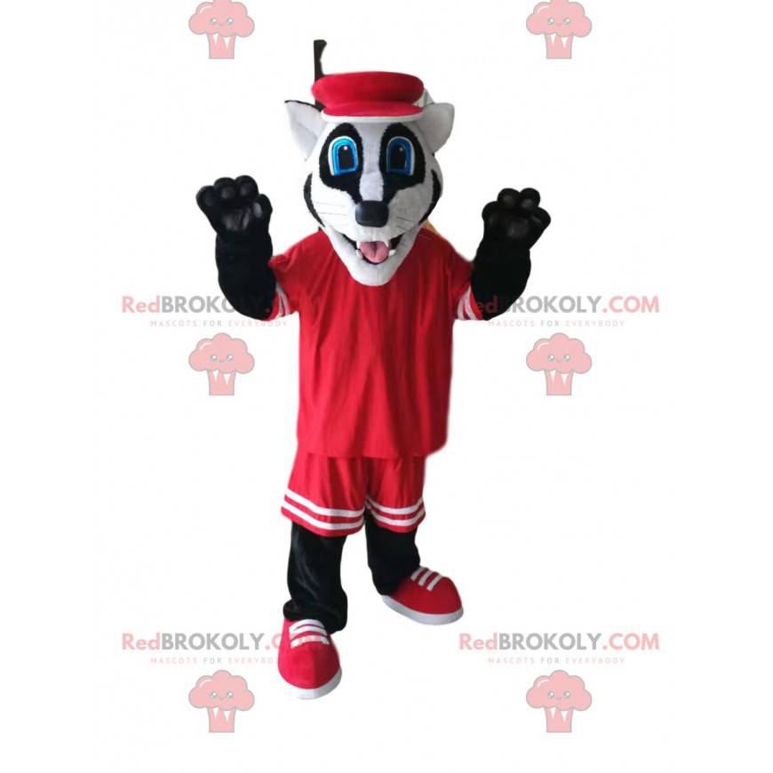 Mascotte de blaireau rigolo avec une tenue de sport rouge -