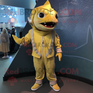 Gold Tuna mascot costume character dressed with a Jumpsuit and Anklets