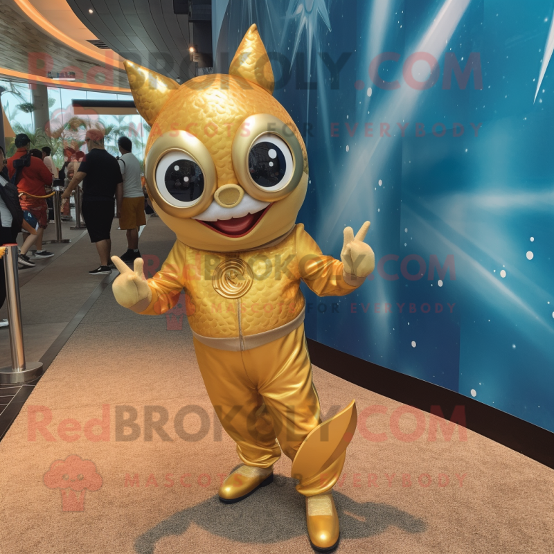 Gold Tuna mascot costume character dressed with a Jumpsuit and Anklets Gold Tuna mascot costume character dressed with a Jumpsuit and Anklets