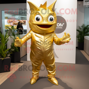 Gold Tuna mascot costume character dressed with a Jumpsuit and Anklets