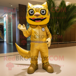 Gold Tuna mascot costume character dressed with a Jumpsuit and Anklets