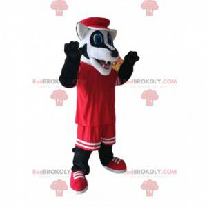 Mascotte de blaireau rigolo avec une tenue de sport rouge -