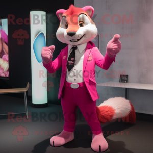 Pink Weasel mascot costume character dressed with a Blazer and Lapel pins