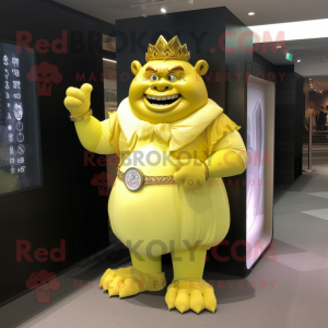 Lemon Yellow Ogre mascot costume character dressed with a Ball Gown and Bracelet watches