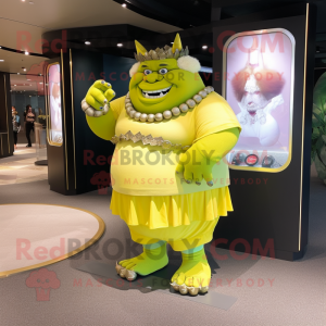 Lemon Yellow Ogre mascot costume character dressed with a Ball Gown and Bracelet watches