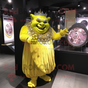 Lemon Yellow Ogre mascot costume character dressed with a Ball Gown and Bracelet watches