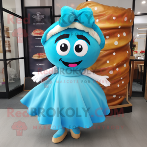 Cyan Bagels mascot costume character dressed with a A-Line Skirt and Hairpins