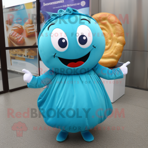 Cyan Bagels mascot costume character dressed with a A-Line Skirt and Hairpins