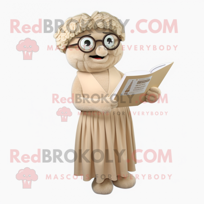 Beige Ice mascot costume character dressed with a Empire Waist Dress and Reading glasses