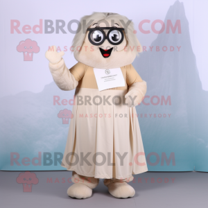 Beige Ice mascot costume character dressed with a Empire Waist Dress and Reading glasses