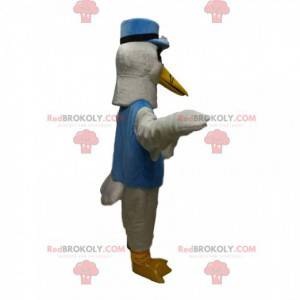 Mascote cisne branco com boné azul e gravata borboleta -