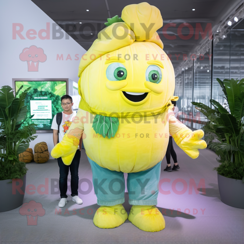 Lemon Yellow Cabbage mascot costume character dressed with a Boyfriend Jeans and Watches