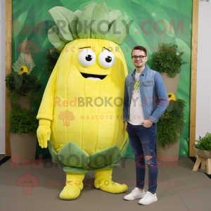 Lemon Yellow Cabbage mascot costume character dressed with a Boyfriend Jeans and Watches