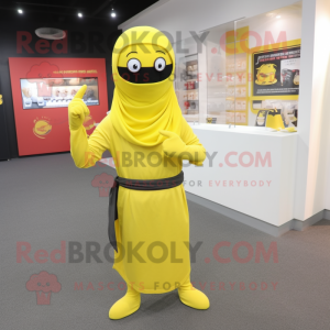 Lemon Yellow Ninja mascot costume character dressed with a Midi Dress and Shawl pins
