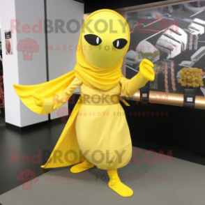 Lemon Yellow Ninja mascot costume character dressed with a Midi Dress and Shawl pins