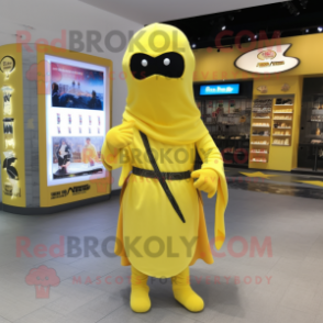 Lemon Yellow Ninja mascot costume character dressed with a Midi Dress and Shawl pins