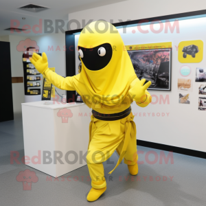 Lemon Yellow Ninja mascot costume character dressed with a Midi Dress and Shawl pins