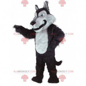 Mascotte de loup noir et blanc tout poilu - Redbrokoly.com