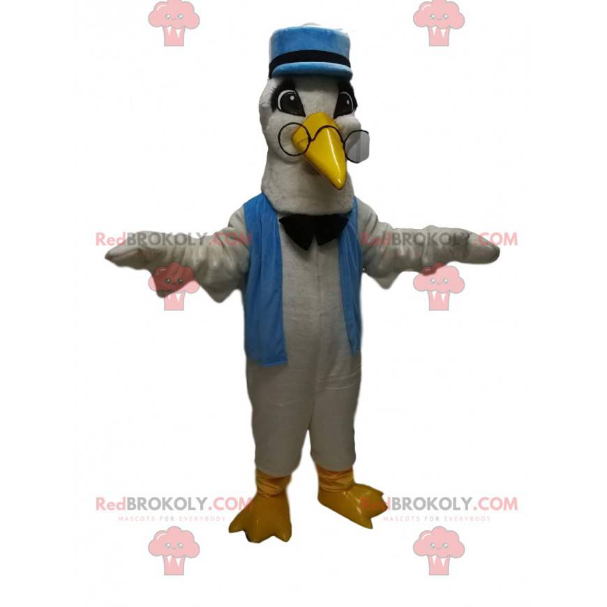 Witte zwaan mascotte met een blauwe pet en een vlinderdas - Witte zwaan mascotte met een blauwe pet en een vlinderdas -
