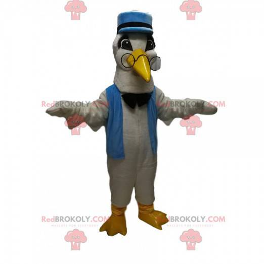 Mascote cisne branco com boné azul e gravata borboleta -