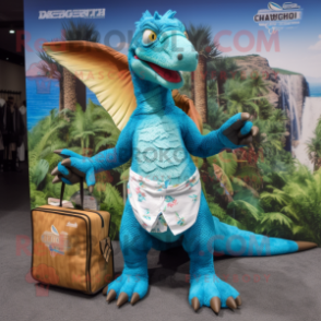 Cyan Utahraptor mascot costume character dressed with a Board Shorts and Tote bags