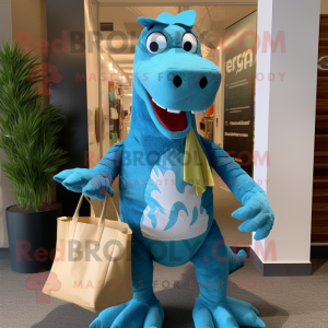 Cyan Utahraptor mascot costume character dressed with a Board Shorts and Tote bags