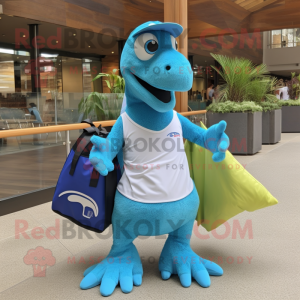 Cyan Utahraptor mascot costume character dressed with a Board Shorts and Tote bags
