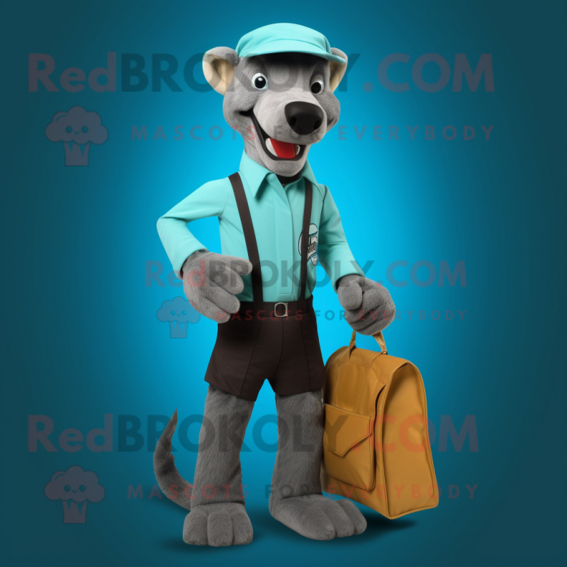 Cyan Thylacosmilus mascot costume character dressed with a Trousers and Wallets Cyan Thylacosmilus mascot costume character dressed with a Trousers and Wallets