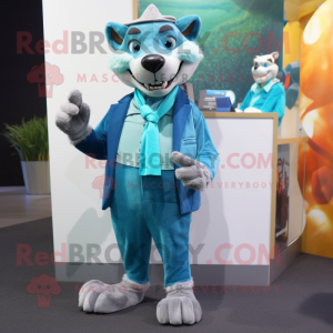 Cyan Thylacosmilus mascot costume character dressed with a Trousers and Wallets