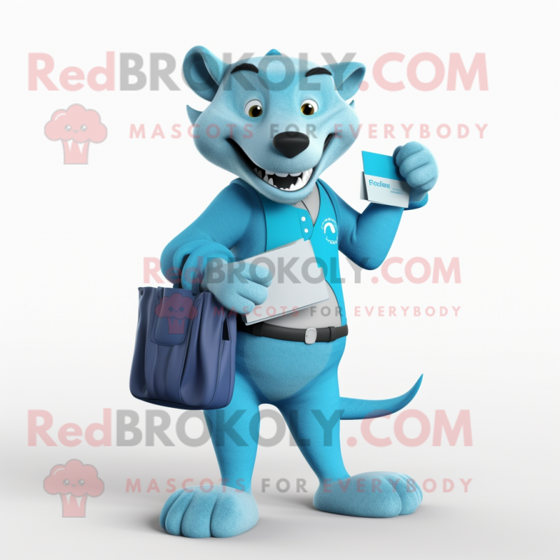 Cyan Thylacosmilus mascot costume character dressed with a Trousers and Wallets